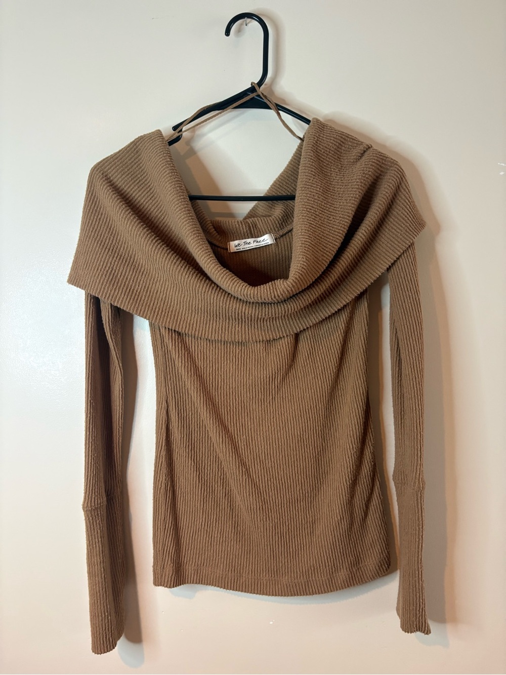 We the Free by Free People Tan Juicy Ribbed Cowl Neck Long Sleeve Top EUC